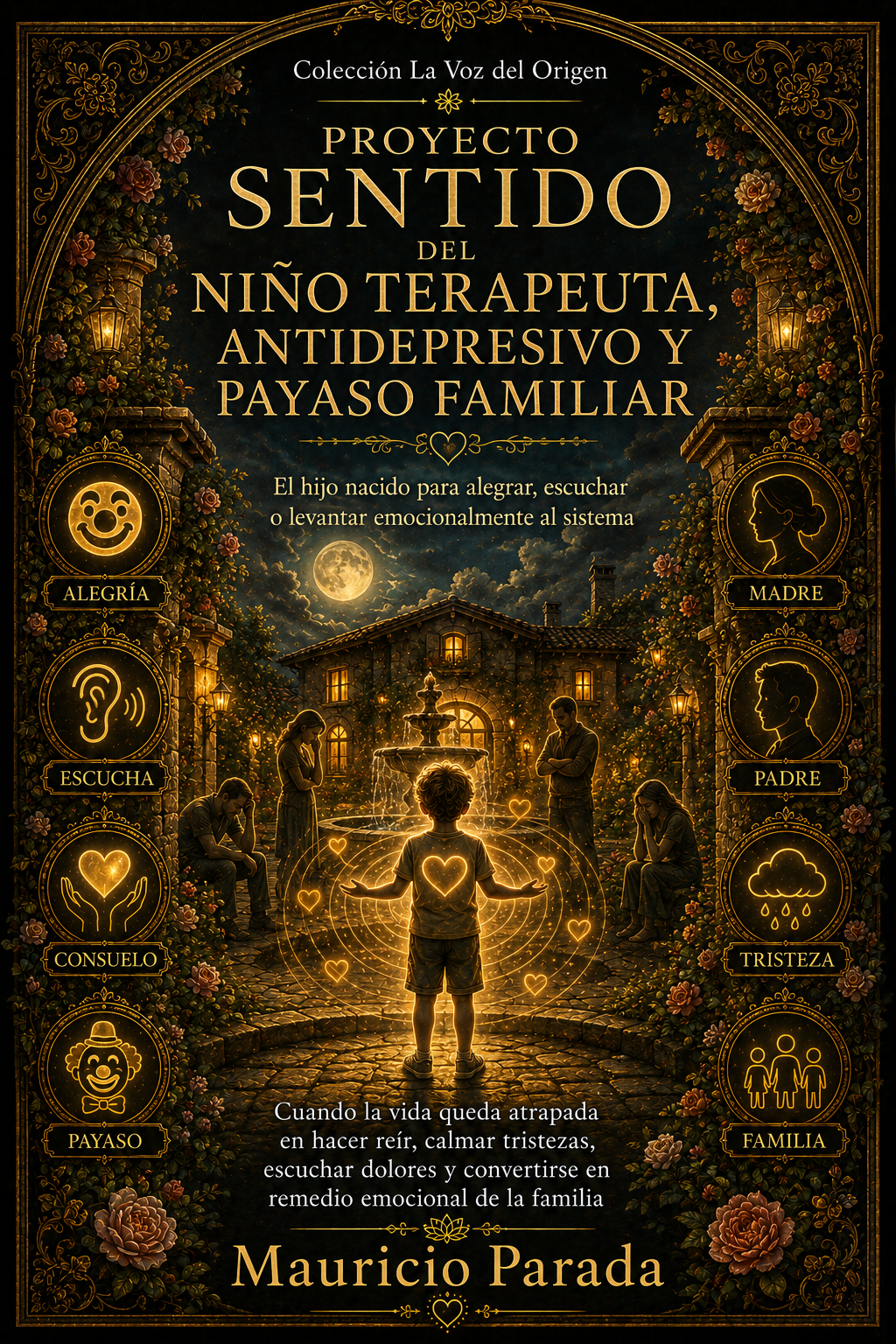 Portada del libro Proyecto Sentido del Niño Terapeuta, Antidepresivo y Payaso Familiar: El hijo nacido para alegrar, escuchar o levantar emocionalmente al sistema, de Mauricio Parada.